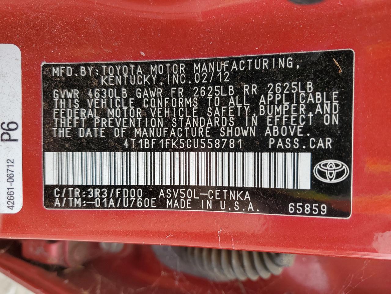 2012 TOYOTA CAMRY RED - Image 13